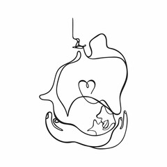Vector illustration of an abstract silhouette of a kissing couple with a baby in their arms. Family, love, tenderness, a couple with a child. One line drawing, line art concept isolated on white.