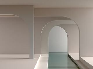 3d render. Minimal interior scene to show beauty products. Empty scene with minimalistic shapes, arches in the background, and water, minimalistic geometrical forms. Pastel colors. 