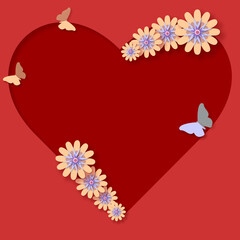 Obraz premium Heart with flower arrangement and butterfly in cut paper style - greeting card. Declaration of love. For your text or photo. Happy Valentine's Day.