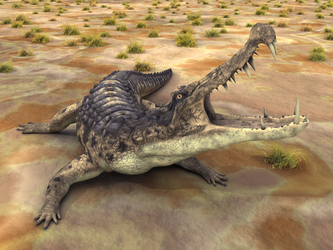 Prähistorisches Krokodil Kaprosuchus in einer Landschaft