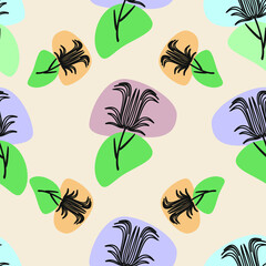 Bell flower on a beige background with circular elements of blue and green colors. Floral seamless summer pattern. For wallpaper, tiles, fabrics.