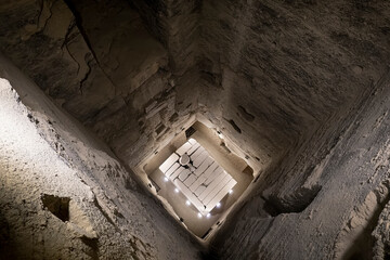 View of the ancient crypt inside Great step pyramid of Djoser, Saqqara. Cairo, Egypt. The tomb of...