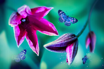 Pink clematis flowers and flying butterflies in a fairy garden. Selective and soft focus. Summer wonderland.
