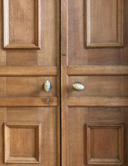 Wooden cassette door with gold plated or brass door handle knob and hinge enframed by wood, golden...