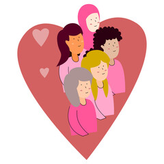 Vector illustration of multicultural women, women of different cultures and ethnicities peacefully side by side, women's support movement, brotherhood and friendship in women's differences 