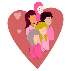 Vector illustration of multicultural women, women of different cultures and ethnicities peacefully side by side, women's support movement, brotherhood and friendship in women's differences

