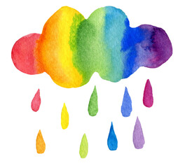 Watercolor rainbow cloud and rain illustration isolated on white background. Hand painting weather illustration.