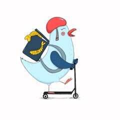 A funny seagull rides a catfish and carries a bag of fish. The illustration is drawn in cartoon style.