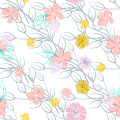 Pink Flowers Blooming Pattern. Pastel Watercolor.