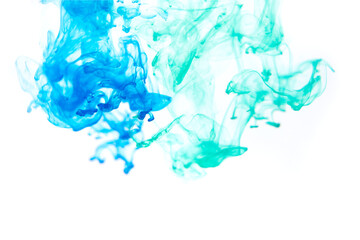 Bright blue and mint acrylic paint swirling in water. Ink moving in liquid creating abstract clouds. Traces of colorful dissolving in water, changing shape. Abstract decorative creative background.