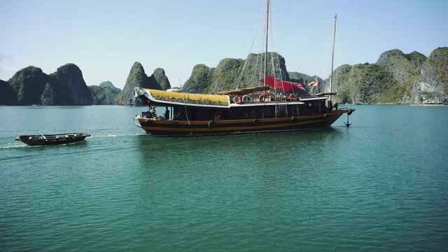 Tourist Cruise Ship Boat In Lagoon Halong Bay, Cat Ba Island Vietnam 4K