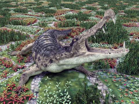 Prähistorisches Krokodil Kaprosuchus in einem Garten