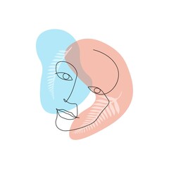 One line girl. Girl face with leaves. Single line illustration