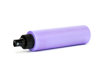 plastic bottle with spray bottle isolated on white. violet aerosol bottle