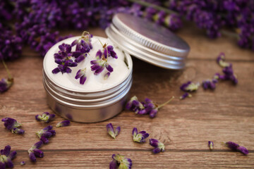 Close up of small tin of organic homemade lavender cream, with scattered petals and fresh lavender in the background