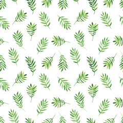 Green leaves in seamless pattern on white background. Hand drawing foliage illustration for digital paper, wrapping, textile.
