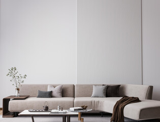 Bright minimal living room in modern interior, 3d render