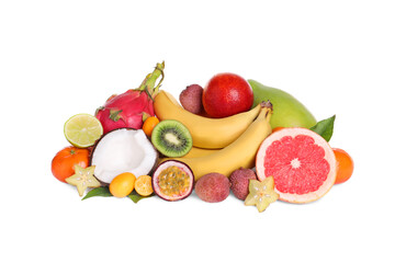 Pile of different exotic fruits on white background