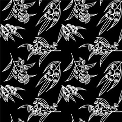 Gum nuts and flowers eucalyptus seamless pattern black