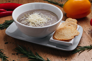 Vegan cream soup of mushrooms with cheese
