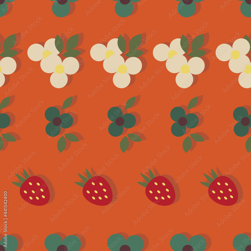 Poster retro strawberries and flowers vector seamless repeat pattern print background
