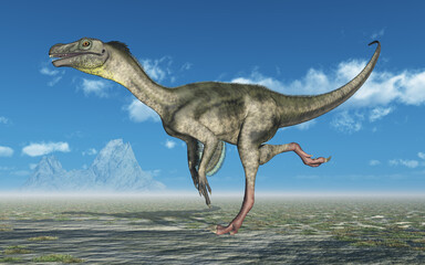 Fototapeta premium Dinosaurier Ornitholestes in einer Landschaft