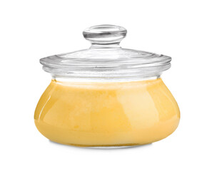 Glass jar of Ghee butter isolated on white