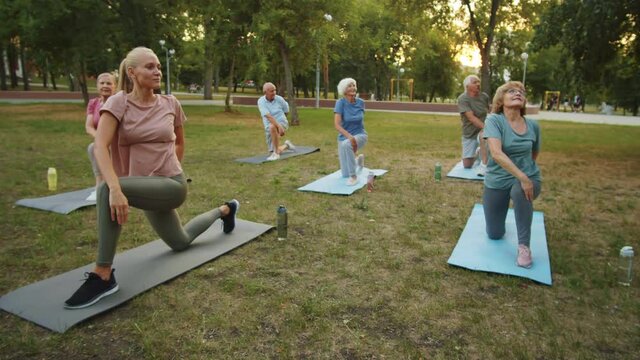 Zoom In Shot Of Senior Woman Practicing Twist Pose During Group Yoga Class In Park With Female Teacher