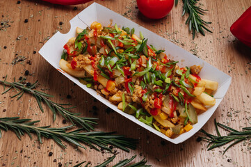 Tasty french fries poutine 
