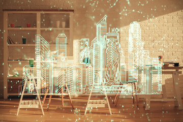 Multi exposure of town drawings and office interior background. Smart city concept.