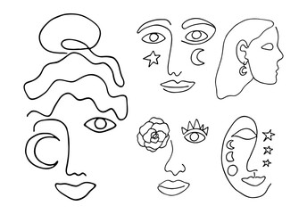 Modern vector illustration. Hand drawing abstract female faces line art isolated on white background.