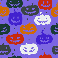Fototapeta premium Cute purple pattern with pumpkins multicolored various expressions. Seamless background. Textiles for children. Minimalism paper scrapbook for kids.