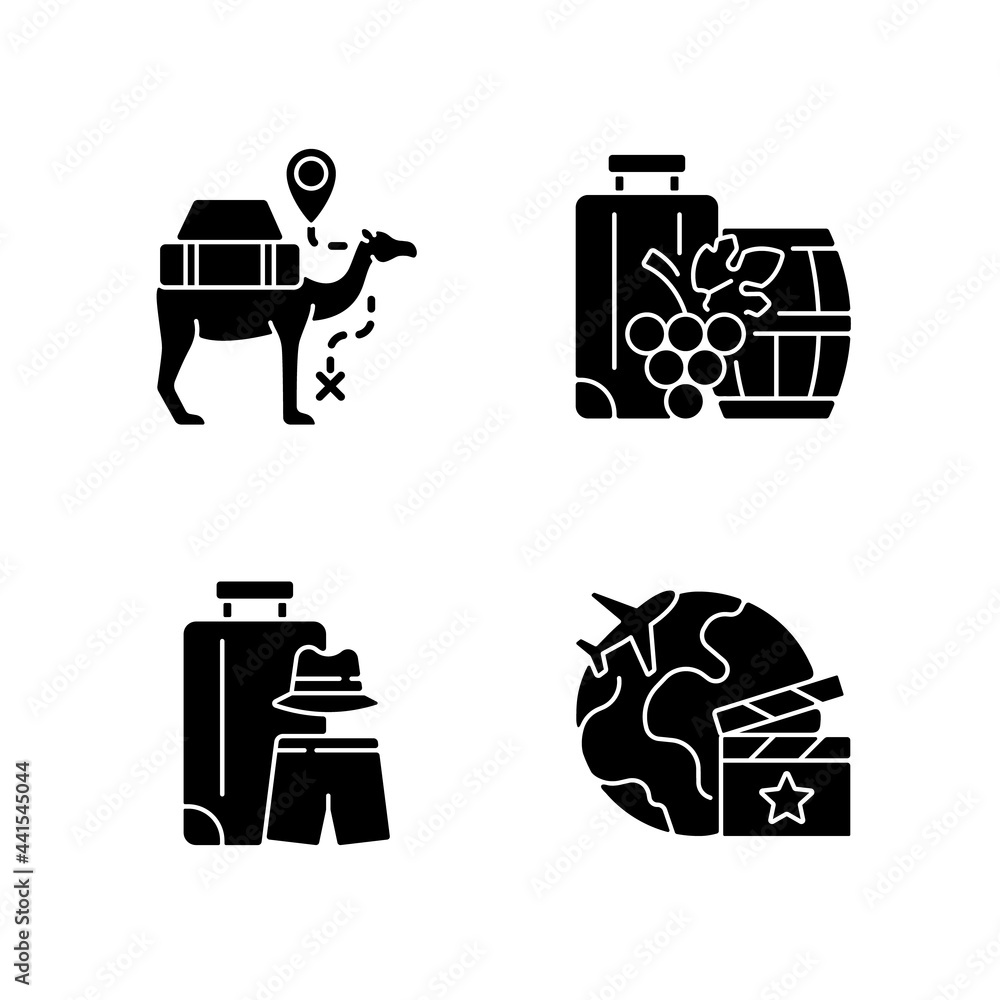 Poster Travel abroad black glyph icons set on white space. Camel caravan. All boy trip. Set jetting, location hunt abroad. Tourism industry. Silhouette symbols. Vector isolated illustration