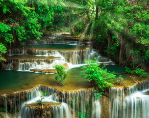 Huay Mae Khamin Waterfall is located in the Srinakarin Dam National Park. The waterfall flows from the upstream of the Khao Kala, which is a dry evergreen forest in the east of Srinakarin Dam National
