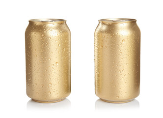 Aluminium cans of beverage on white background