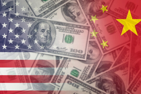 United states and China flags with dollars banknotes mixed media image