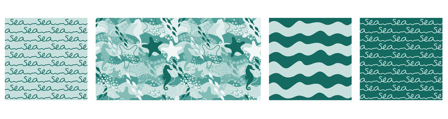 Vector collection of four seamless blue-green patterns on maritime theme. Lettering, waves, seahorses, starfishes and water bubbles.