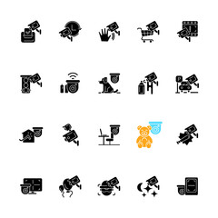 Surveillance and security systems black glyph icons set on white space. CCTV camera installation. 24 7 protection. House intrusion prevention. Silhouette symbols. Vector isolated illustration