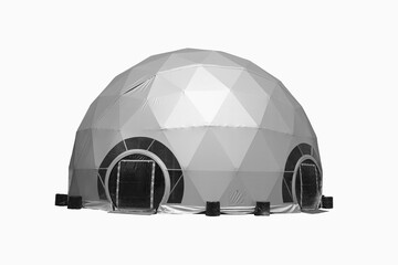 Space base spherical tent, white and dark grey round plastic round building on white background