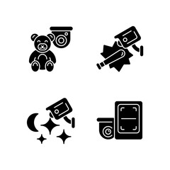Security monitoring solution black glyph icons set on white space. Children protection. Public safety. System with night vision. Wireless access. Silhouette symbols. Vector isolated illustration