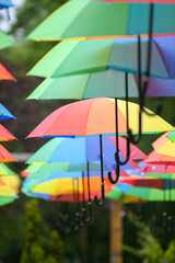 A lot of umbrellas hanged in a park. Beautiful view with a lot of color. Vivid photo.