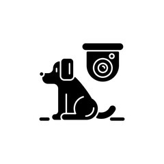 Pet control camera black glyph icon. Monitoring dogs safety. Home security cam. Observing animals in house. Keeping track for puppies. Silhouette symbol on white space. Vector isolated illustration