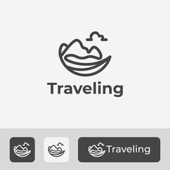travel logo with mountain element, sea, and cloud, simple and unique symbol icon illustration
