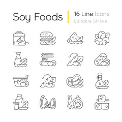 Soy foods linear icons set. Healthy meals preparation. Vegetarian types of products. Nutritions source. Customizable thin line contour symbols. Isolated vector outline illustrations. Editable stroke