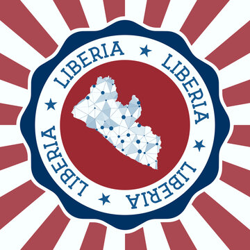 Liberia Badge. Round logo of country with triangular mesh map and radial rays. EPS10 Vector.