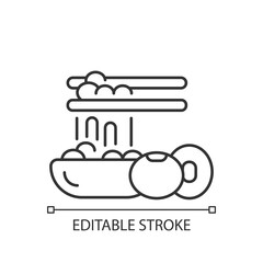 Natto linear icon. Traditional sticky meals preparing. Fermented soybeans. Vegeterian foods. Thin line customizable illustration. Contour symbol. Vector isolated outline drawing. Editable stroke