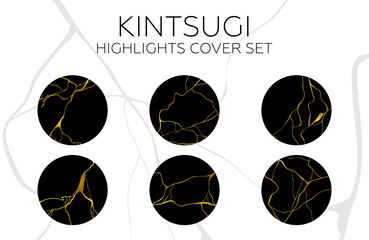 Gold kintsugi cover design vector. Luxury golden marble texture. Crack and broken ground pattern for wall arts. highlight cover set