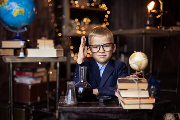 natural science chemistry lesson. Back to school. The student learns. The schoolgirl laughs. Pupil...