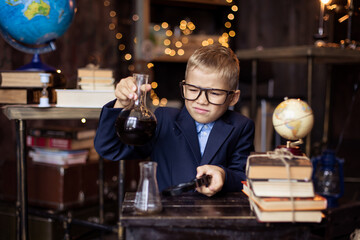 natural science chemistry lesson. Back to school. The student learns. The schoolgirl laughs. Pupil...