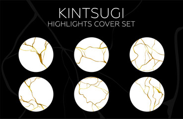 Gold kintsugi cover design vector. Luxury golden marble texture. Crack and broken ground pattern for wall arts. highlight cover set